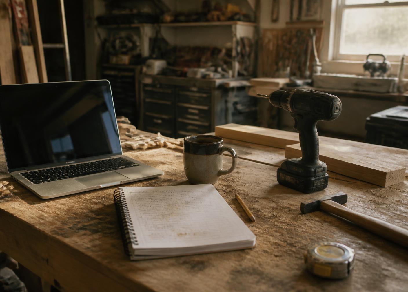 A garage workbench with a laptop open beside a cordless drill, spiral notebook, and coffee mug