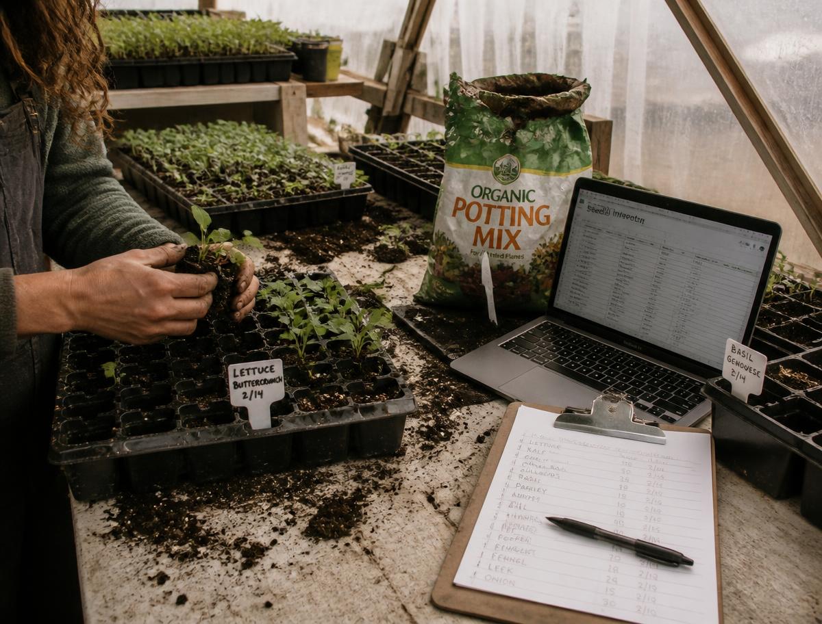 Hands transplanting seedlings in a greenhouse beside a bag of potting mix, a laptop spreadsheet, and a handwritten inventory list